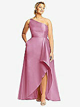 Front View Thumbnail - Powder Pink One-Shoulder Satin Gown with Draped Front Slit and Pockets