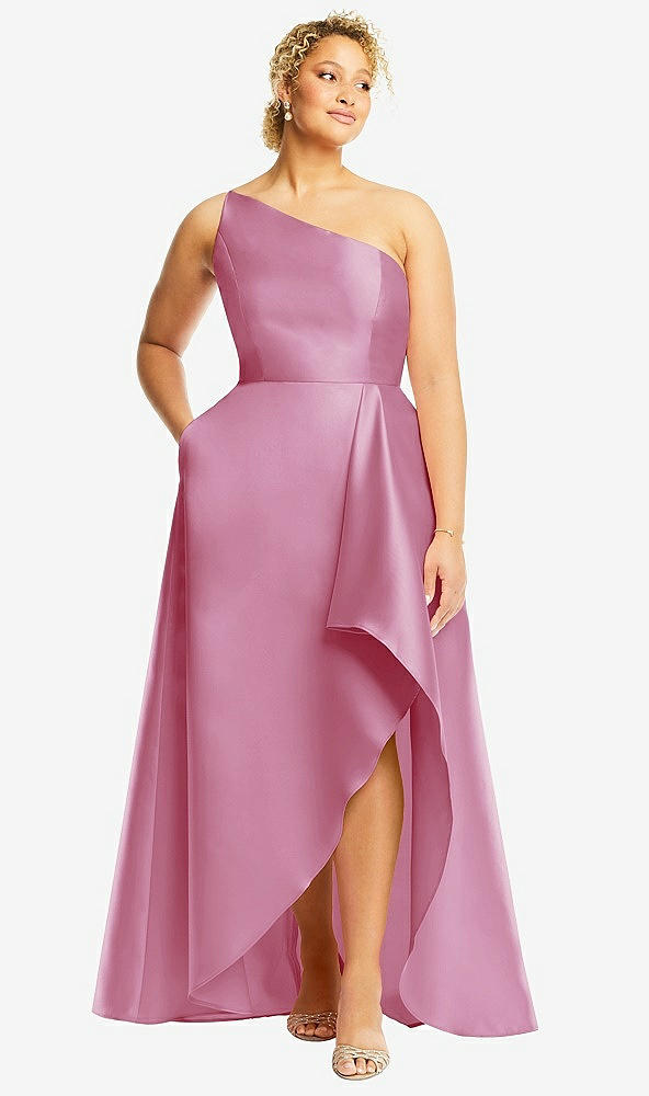 Front View - Powder Pink One-Shoulder Satin Gown with Draped Front Slit and Pockets