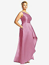 Side View Thumbnail - Powder Pink One-Shoulder Satin Gown with Draped Front Slit and Pockets