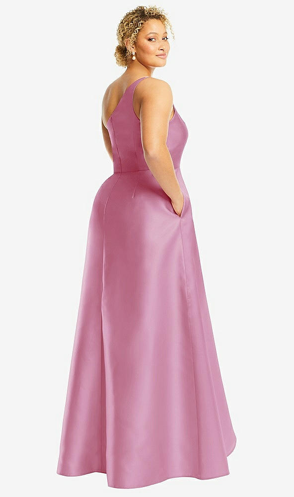 Back View - Powder Pink One-Shoulder Satin Gown with Draped Front Slit and Pockets