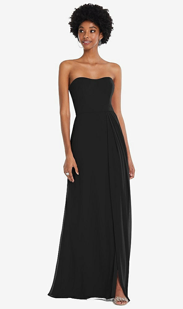 Front View - Black Strapless Sweetheart Maxi Dress with Pleated Front Slit