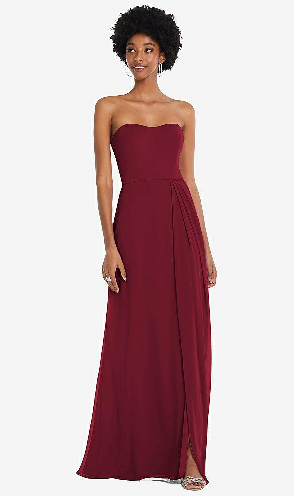 Front View - Burgundy Strapless Sweetheart Maxi Dress with Pleated Front Slit