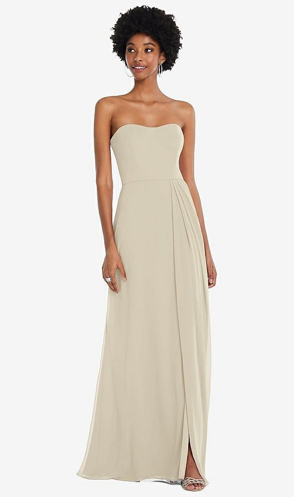 Front View - Champagne Strapless Sweetheart Maxi Dress with Pleated Front Slit