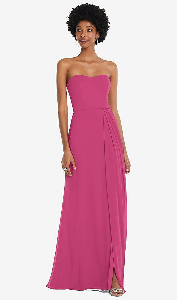 Front View - Tea Rose Strapless Sweetheart Maxi Dress with Pleated Front Slit