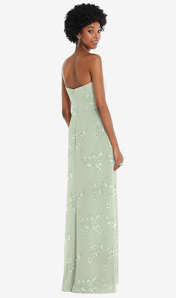 Back View - Vintage Primrose Sage Strapless Sweetheart Maxi Dress with Pleated Front Slit