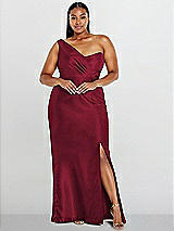 Alt View 1 Thumbnail - Burgundy Draped One-Shoulder Satin Trumpet Gown with Front Slit