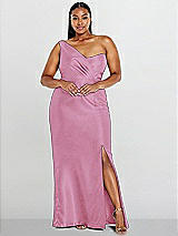 Alt View 1 Thumbnail - Powder Pink Draped One-Shoulder Satin Trumpet Gown with Front Slit