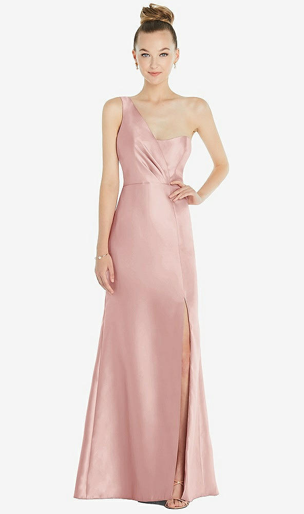 Front View - Rose Draped One-Shoulder Satin Trumpet Gown with Front Slit