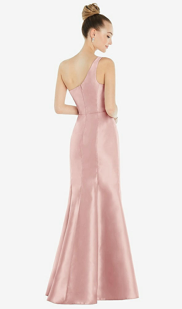 Back View - Rose Draped One-Shoulder Satin Trumpet Gown with Front Slit