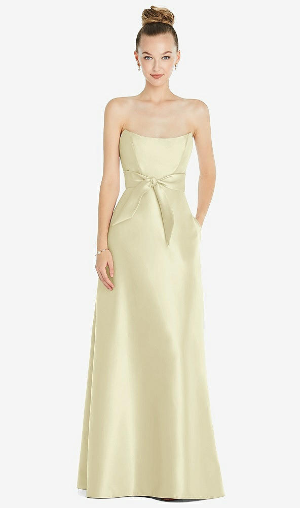 Front View - Butter Yellow Basque-Neck Strapless Satin Gown with Mini Sash
