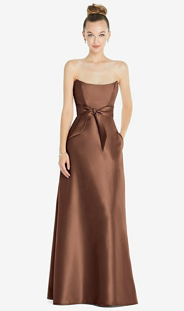 Front View - Cognac Basque-Neck Strapless Satin Gown with Mini Sash