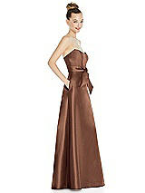 Side View Thumbnail - Cognac Basque-Neck Strapless Satin Gown with Mini Sash