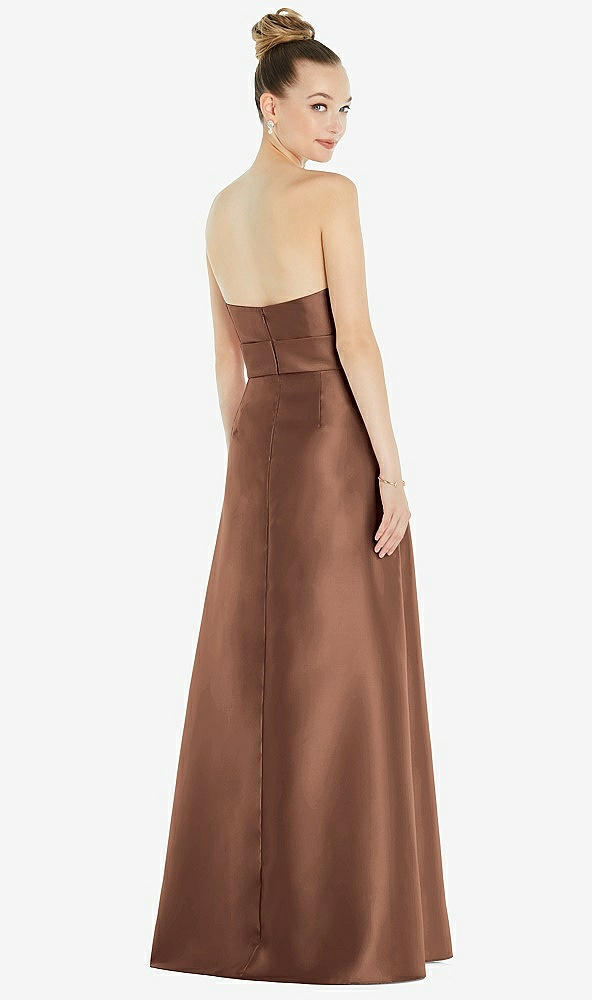 Back View - Cognac Basque-Neck Strapless Satin Gown with Mini Sash