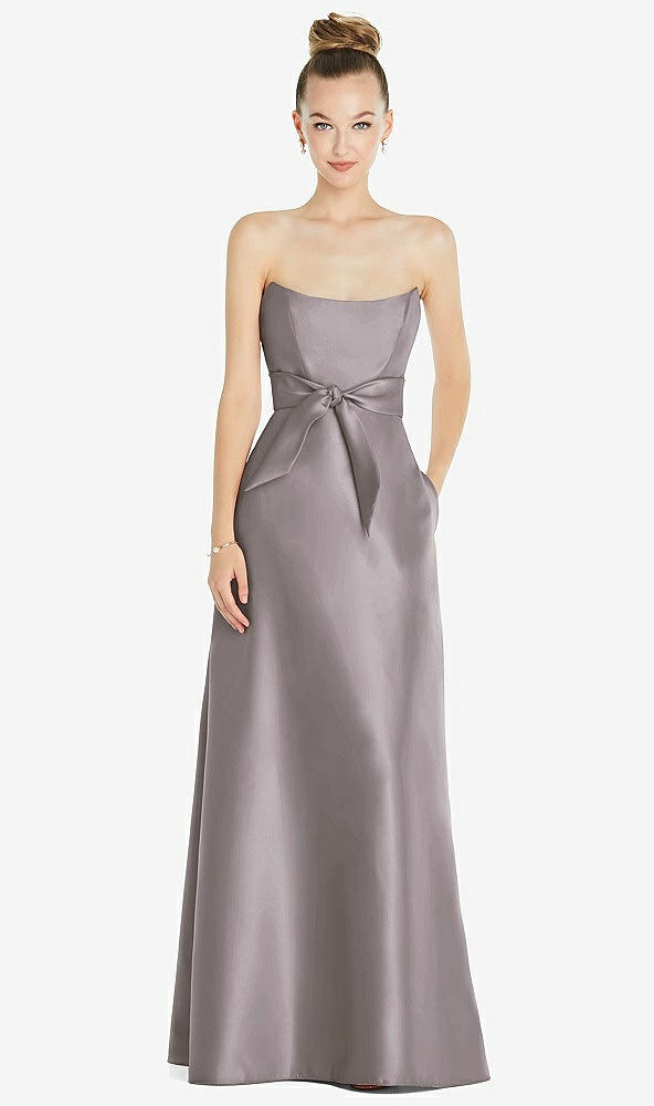 Front View - Cashmere Gray Basque-Neck Strapless Satin Gown with Mini Sash