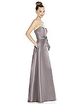 Side View Thumbnail - Cashmere Gray Basque-Neck Strapless Satin Gown with Mini Sash