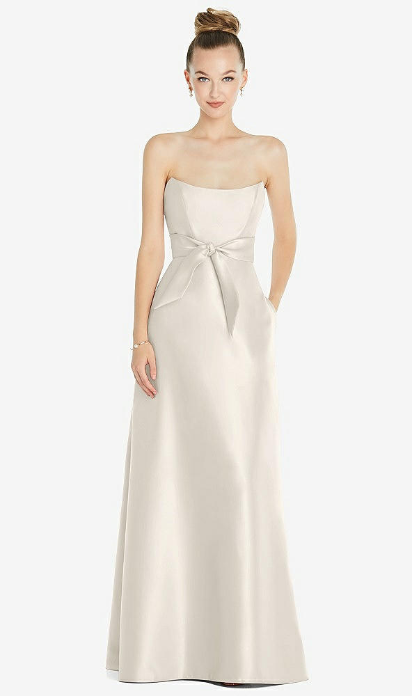 Front View - Ivory Basque-Neck Strapless Satin Gown with Mini Sash