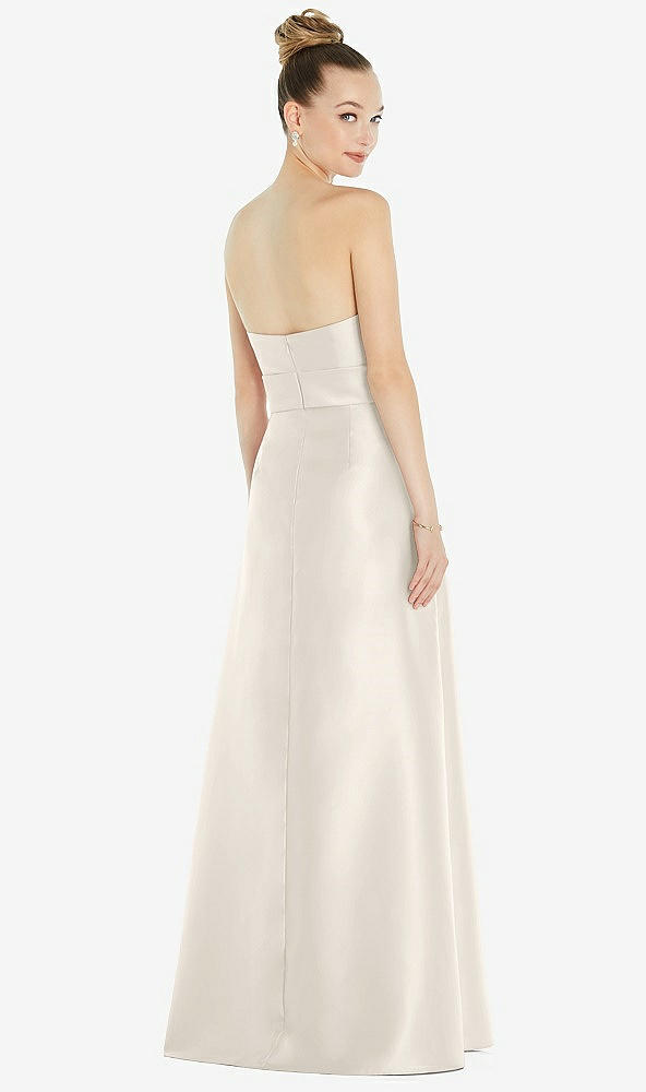 Back View - Ivory Basque-Neck Strapless Satin Gown with Mini Sash
