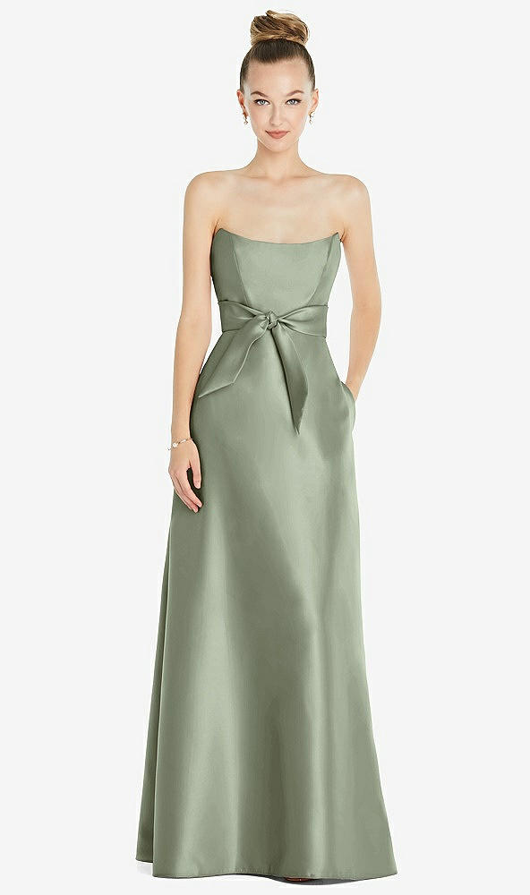 Front View - Sage Basque-Neck Strapless Satin Gown with Mini Sash