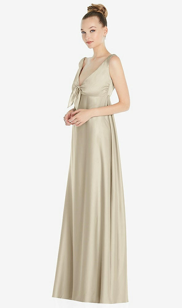 Front View - Champagne Convertible Strap Empire Waist Satin Maxi Dress