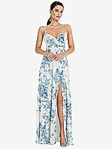 Front View Thumbnail - Cottage Rose Dusk Blue Adjustable Strap Wrap Bodice Maxi Dress with Front Slit 