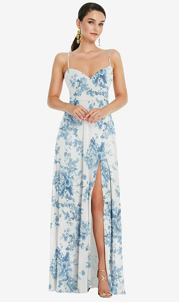 Front View - Cottage Rose Dusk Blue Adjustable Strap Wrap Bodice Maxi Dress with Front Slit 