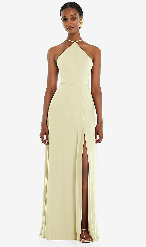 Front View - Butter Yellow Diamond Halter Maxi Dress with Adjustable Straps