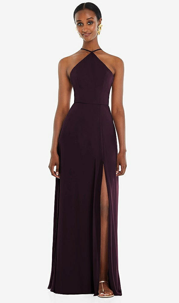 Front View - Deep Plum Diamond Halter Maxi Dress with Adjustable Straps