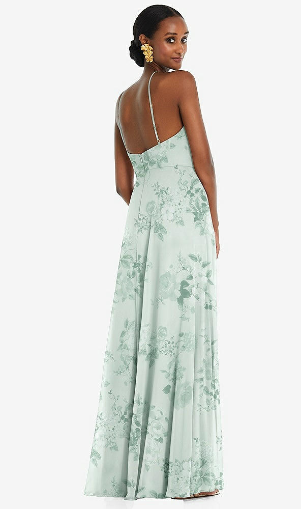 Back View - Mint Green Floral Diamond Halter Maxi Dress with Adjustable Straps