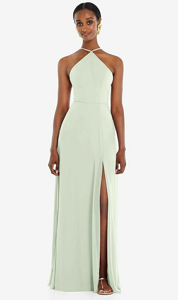 Front View - Mint Green Diamond Halter Maxi Dress with Adjustable Straps