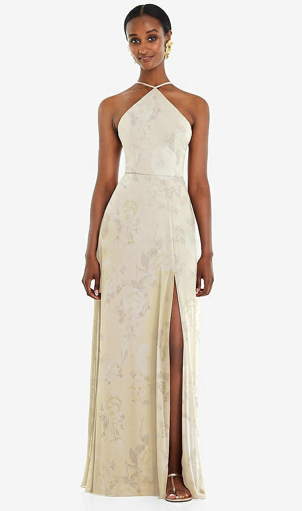 Front View - Butter Yellow Floral Diamond Halter Maxi Dress with Adjustable Straps