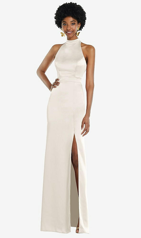Back View - Ivory High Neck Backless Maxi Dress with Slim Belt