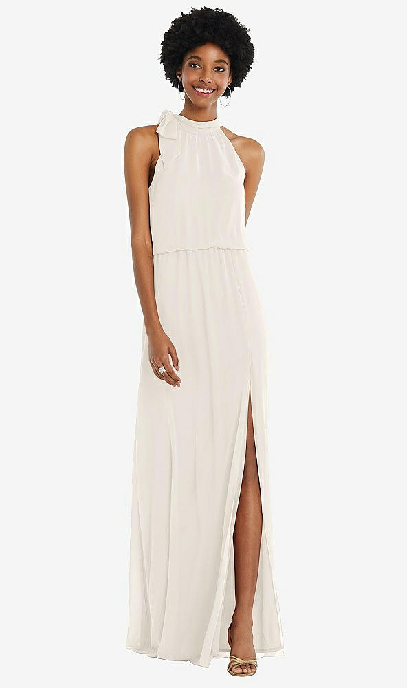 Front View - Ivory Scarf Tie High Neck Blouson Bodice Maxi Dress with Front Slit