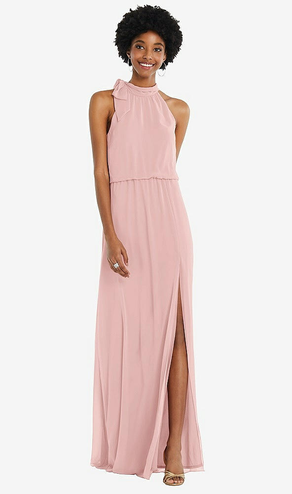 Front View - Rose Scarf Tie High Neck Blouson Bodice Maxi Dress with Front Slit