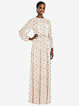 Front View Thumbnail - Coquette Floral Print Strapless Chiffon Maxi Dress with Puff Sleeve Blouson Overlay 