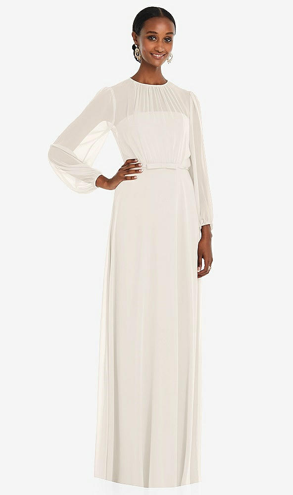Front View - Ivory Strapless Chiffon Maxi Dress with Puff Sleeve Blouson Overlay 