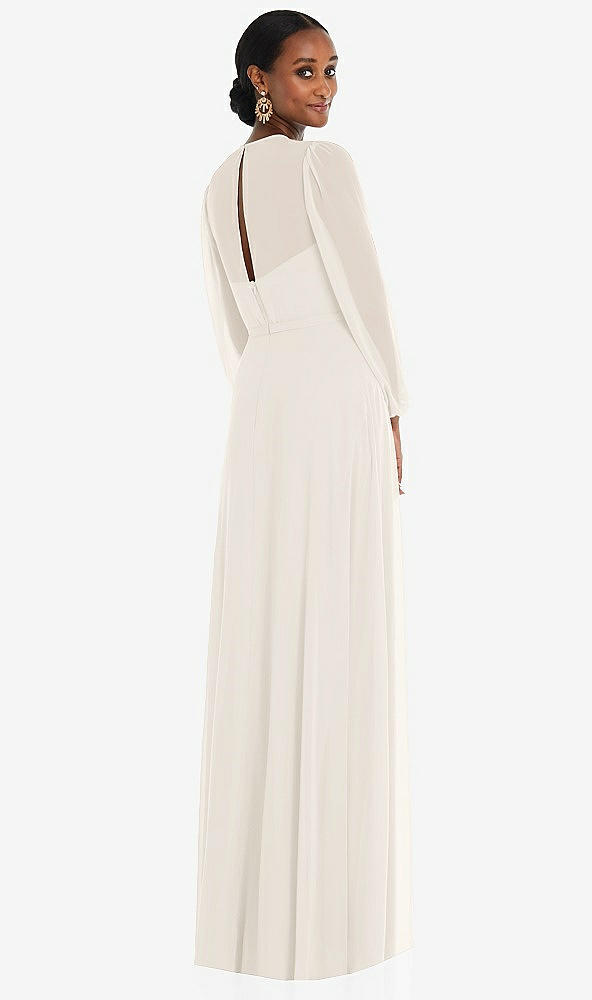 Back View - Ivory Strapless Chiffon Maxi Dress with Puff Sleeve Blouson Overlay 