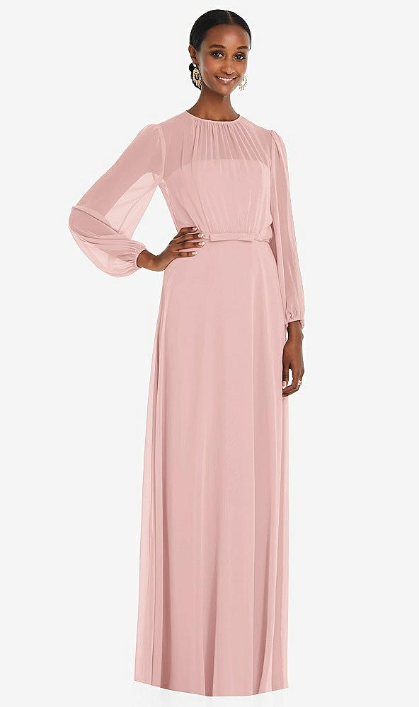 Front View - Rose Strapless Chiffon Maxi Dress with Puff Sleeve Blouson Overlay 