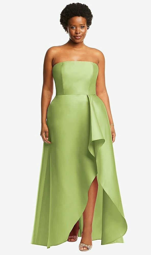 Front View - Mojito Strapless Satin Gown with Draped Front Slit and Pockets