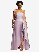 Front View Thumbnail - Suede Rose Strapless Satin Gown with Draped Front Slit and Pockets