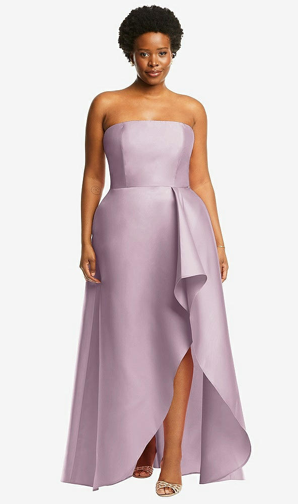 Front View - Suede Rose Strapless Satin Gown with Draped Front Slit and Pockets