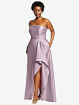 Side View Thumbnail - Suede Rose Strapless Satin Gown with Draped Front Slit and Pockets