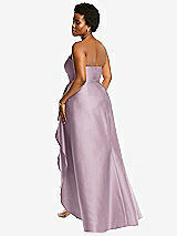 Rear View Thumbnail - Suede Rose Strapless Satin Gown with Draped Front Slit and Pockets
