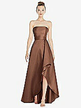 Alt View 1 Thumbnail - Cognac Strapless Satin Gown with Draped Front Slit and Pockets