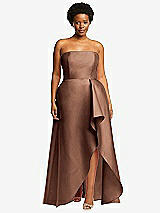 Front View Thumbnail - Cognac Strapless Satin Gown with Draped Front Slit and Pockets