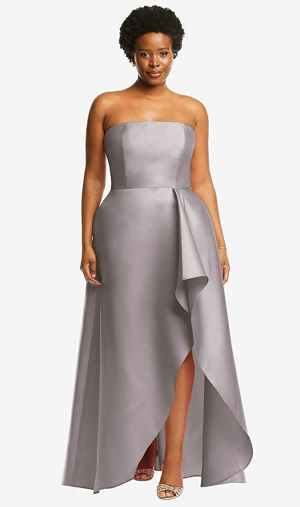 Front View - Cashmere Gray Strapless Satin Gown with Draped Front Slit and Pockets