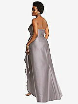Rear View Thumbnail - Cashmere Gray Strapless Satin Gown with Draped Front Slit and Pockets