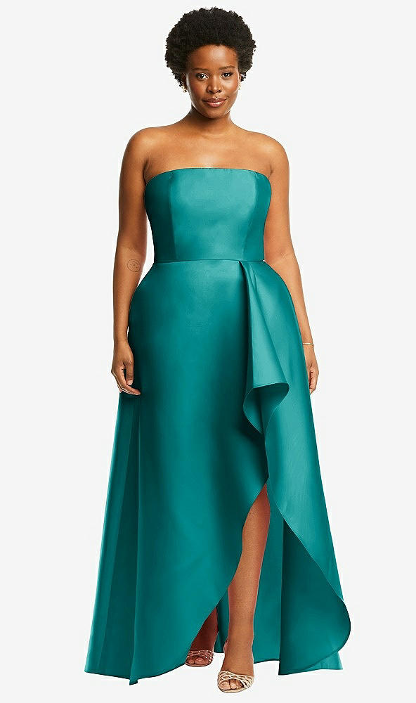 Front View - Jade Strapless Satin Gown with Draped Front Slit and Pockets