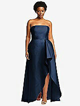 Front View Thumbnail - Midnight Navy Strapless Satin Gown with Draped Front Slit and Pockets