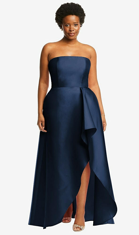 Front View - Midnight Navy Strapless Satin Gown with Draped Front Slit and Pockets