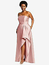 Side View Thumbnail - Rose Strapless Satin Gown with Draped Front Slit and Pockets